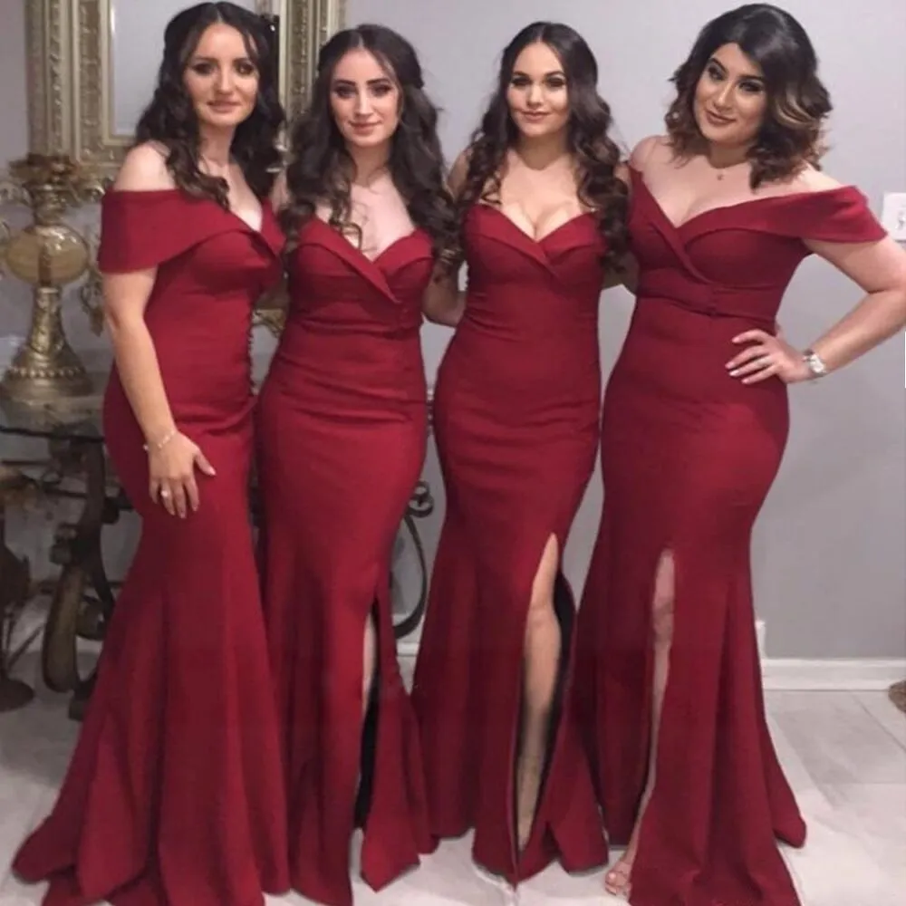 Vestido de dama de honor burdeos de sirena barato 2019 Vestidos de invitados de boda Vestidos de fiesta con hombros descubiertos Vestido de noche azul marino 2019