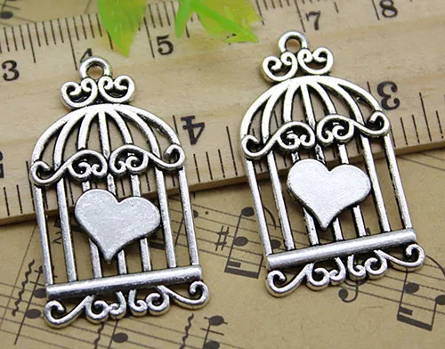 30 pçs Coração Birdcage Alloy Charms Pingente Retro Jóias Fazendo DIY Chaveiro Antigo Pingente de Prata Para Pulseira Brincos 34x20mm