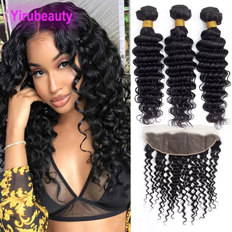 Extensões de cabelo humano brasileiro Pacotes Deep Wave 3 com 13x4 Frontal Frente Free Parte Deep Curly Virgin Wefts Com 13 por 4 frontais