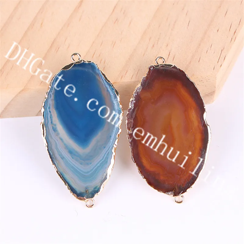 10Pcs Freeform Gold Plated Edge Natural Geode Agate Slice Charm Pendants Blue Brown Drusy Stone Quartz Gemstone Two Loops Links Connectors