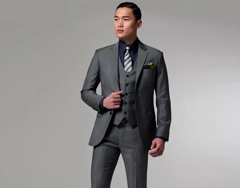Fashion Gray Slim Fit Man Business Suit Wedding Blazer Coat Waistcoat Trousers Sets Groom Tuxedos Jacket Pants Vest Tie K71 From 76 17 DHgate