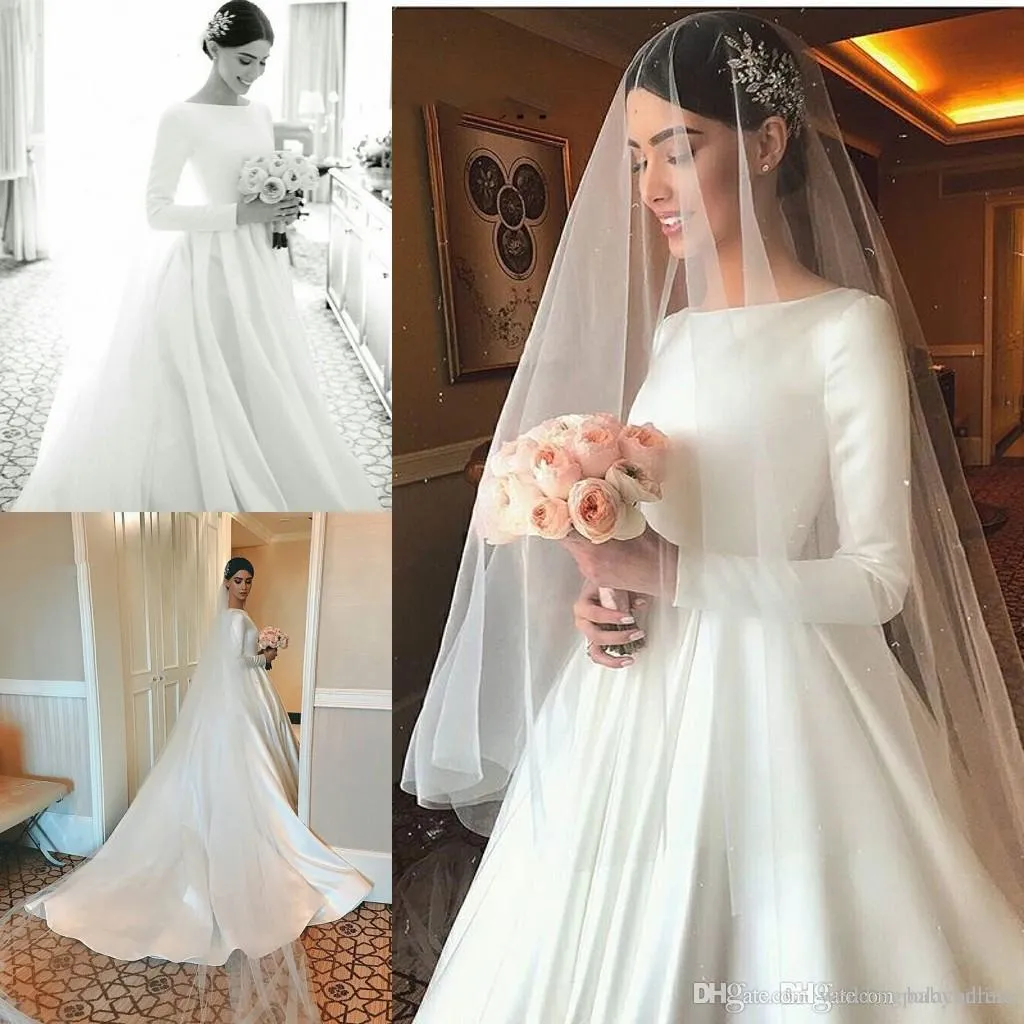 New Designer Simples Satin Wedding Dresses A-Line colher decote manga comprida Zipper até o chão vestidos de noiva formal Vestidos De Mariee