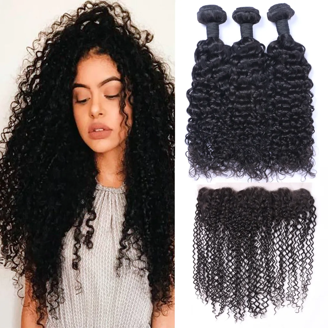 Jerry Curl Human Hair Wefts With 13x4 Lace Frontal: Ear To Ear