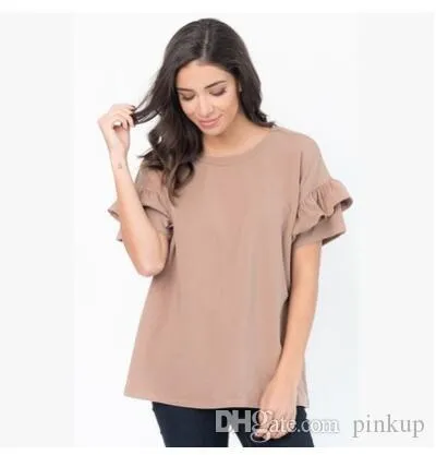 Hot style new round collar loose pure color T - shirt double - sleeve wooden ear lace blouses with simple undercoat, breathable and casual.
