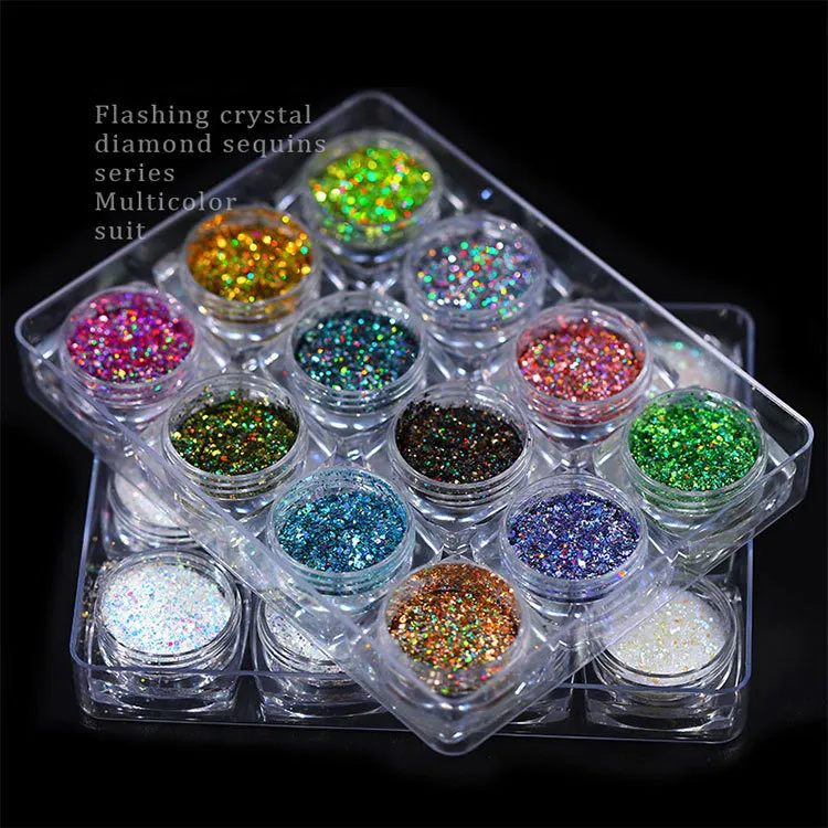 12 Farben / Set Nagel Glitter Pulver Flashing Kristall Diamant Pailletten Serie Multicolor Anzug Feines Glanz Mischpaket Sommer Heißer Verkauf
