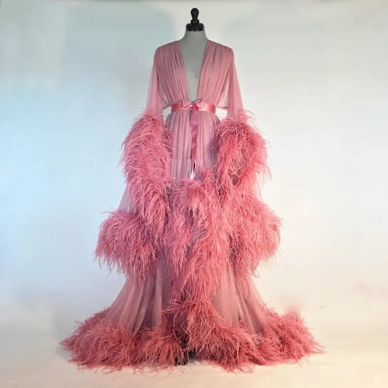 Pink Feather Robe Nightgown V Neck Bridal Bathrobe Sleepwear with Belt for Women