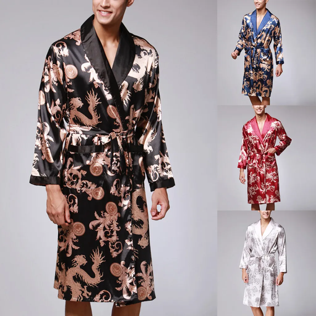 Amazon.com: Mens Satin Robe Lightweight Silk Long Sleeve Bathrobe with  Shorts Set Spa Kimono Sleepwear (Large, Black) : Clothing, Shoes & Jewelry