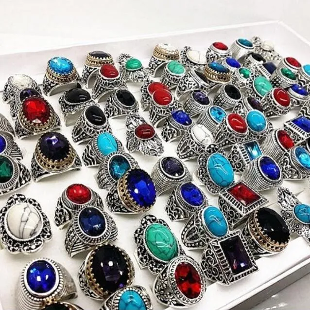 20pcs/pack mix style antique silver mens womens fashion jewelry rings vintage stone gemstone ring party gift wholesale