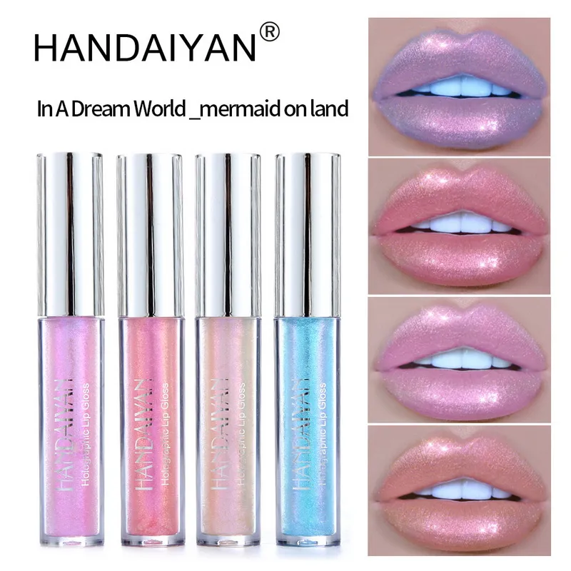 Handaiyan plump it lip lipgloss Liquid Crystal Laser Holographic Lips Glow Waterproof Lon- lasting Shimmer Mermaid Pigment Polarized Glitter Beauty Makeup