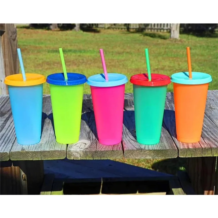 24oz Plastic Color Changing Cup PP temperature sensing Magic Drinking cup with lid and straw Candy colors Reusable coffee mug