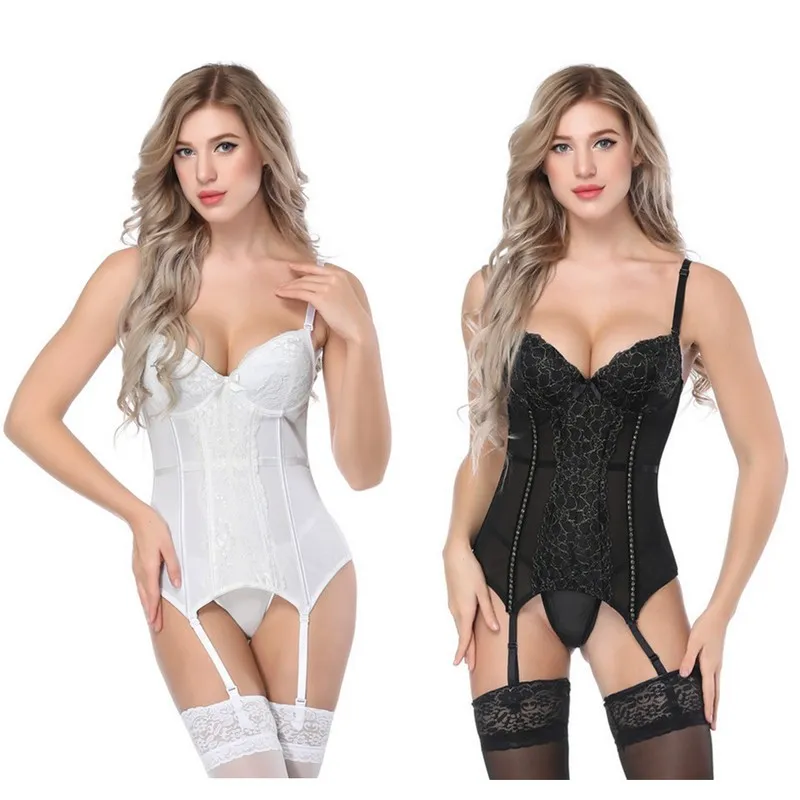 Sexy Push Up Bra Lace Lingerie de Noiva Branco Corpete Espartilho com 4 Cintas-ligas Mulheres Gótico Burlesco Overbust Corselet Femme Bodyshaper