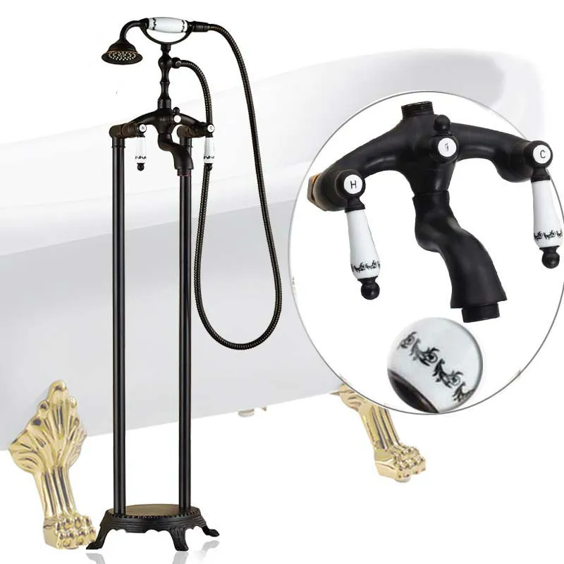 Robinet de baignoire de luxe à double poignée monté au sol baignoire évier mitigeur noir Bronze autoportant salle de bain baignoire robinet ensemble