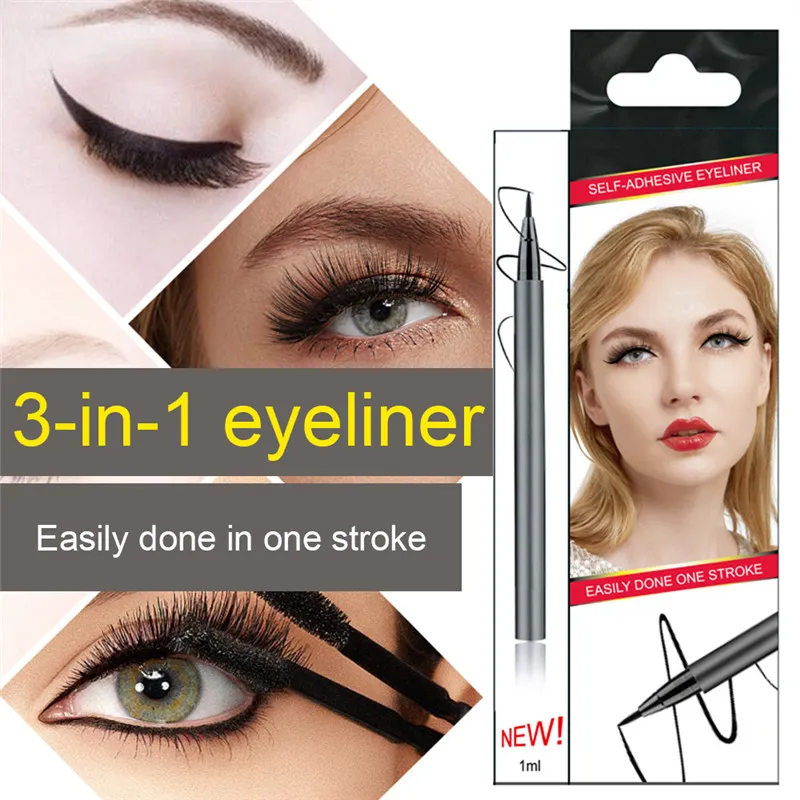 Nova auto-adesivo Eyeliner Waterproof Pen Não Blooming secagem rápida 3 em 1 Eyeliner Fixo Cílios