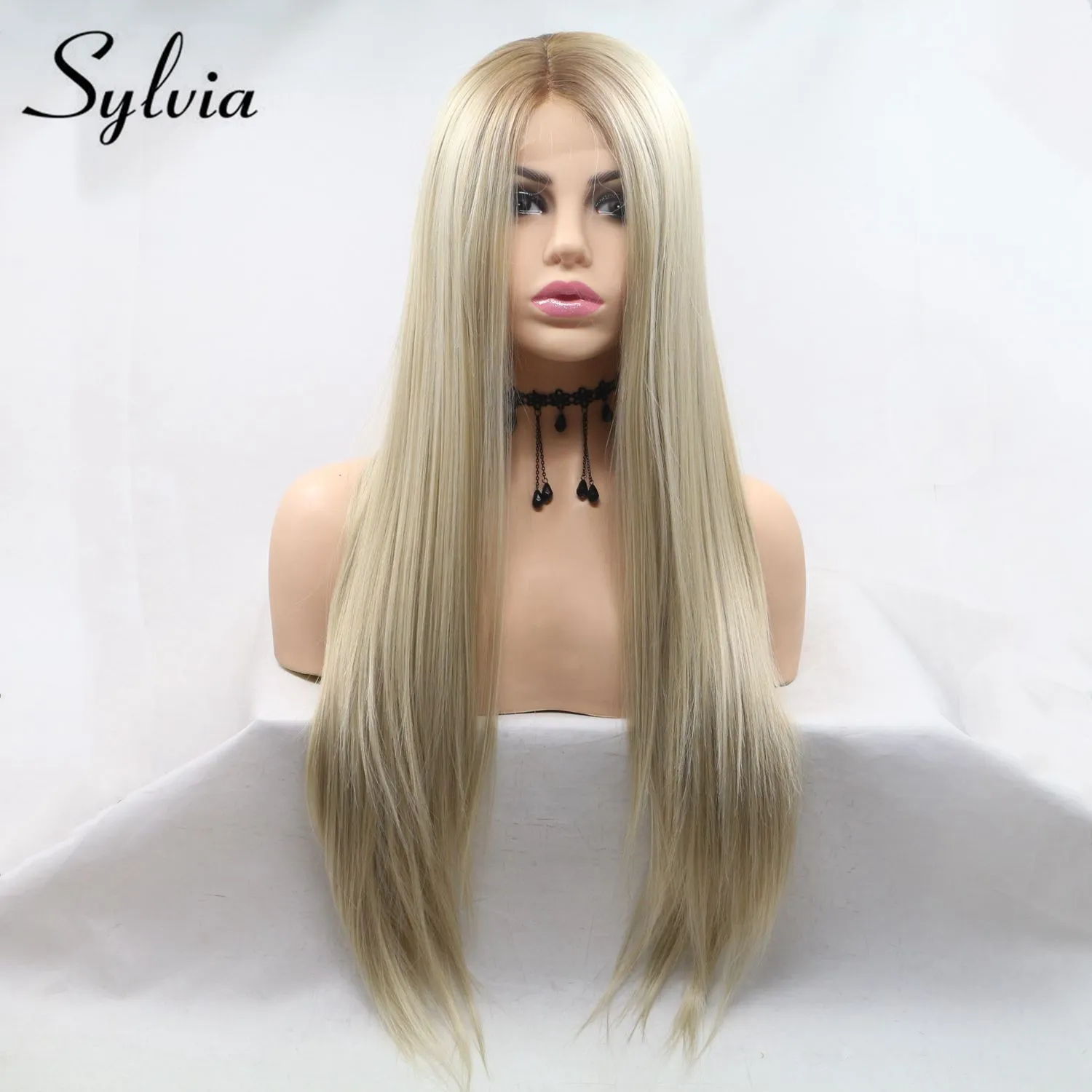 U Part Lace Front Blonde Wig Heat Resistant Hair Ombre Synthetic Straight Wig Brown Root Side Part Long Wig For Women