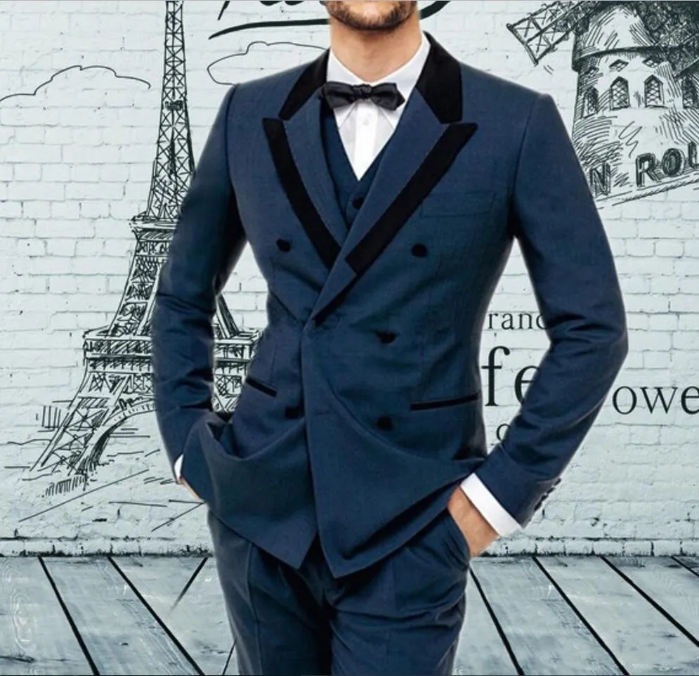 Nowy Blue Groom Tuxedos Double-Breasted Groomsman Wedding 3 Piece Suit Moda Mężczyźni Business Party Jacket Blazer (kurtka + spodnie + krawat + kamizelka) 76