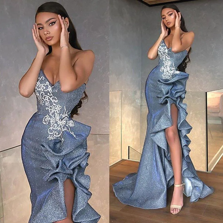 Sexig sida Split Mermaid Prom Klänningar med Ruffles 2020 Sweetheart Lace Applique Sequined Sweep Train Evening Party Gowns