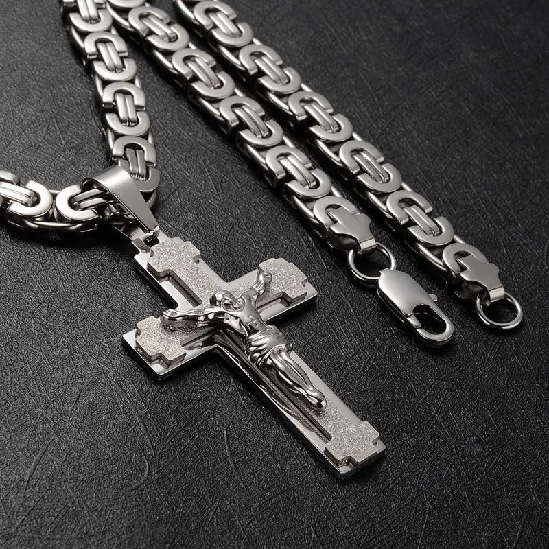 Hommes en acier inoxydable argent jésus croix pendentif collier Bracelet ensemble bijoux 55cm/60cm, collier largeur 8mm
