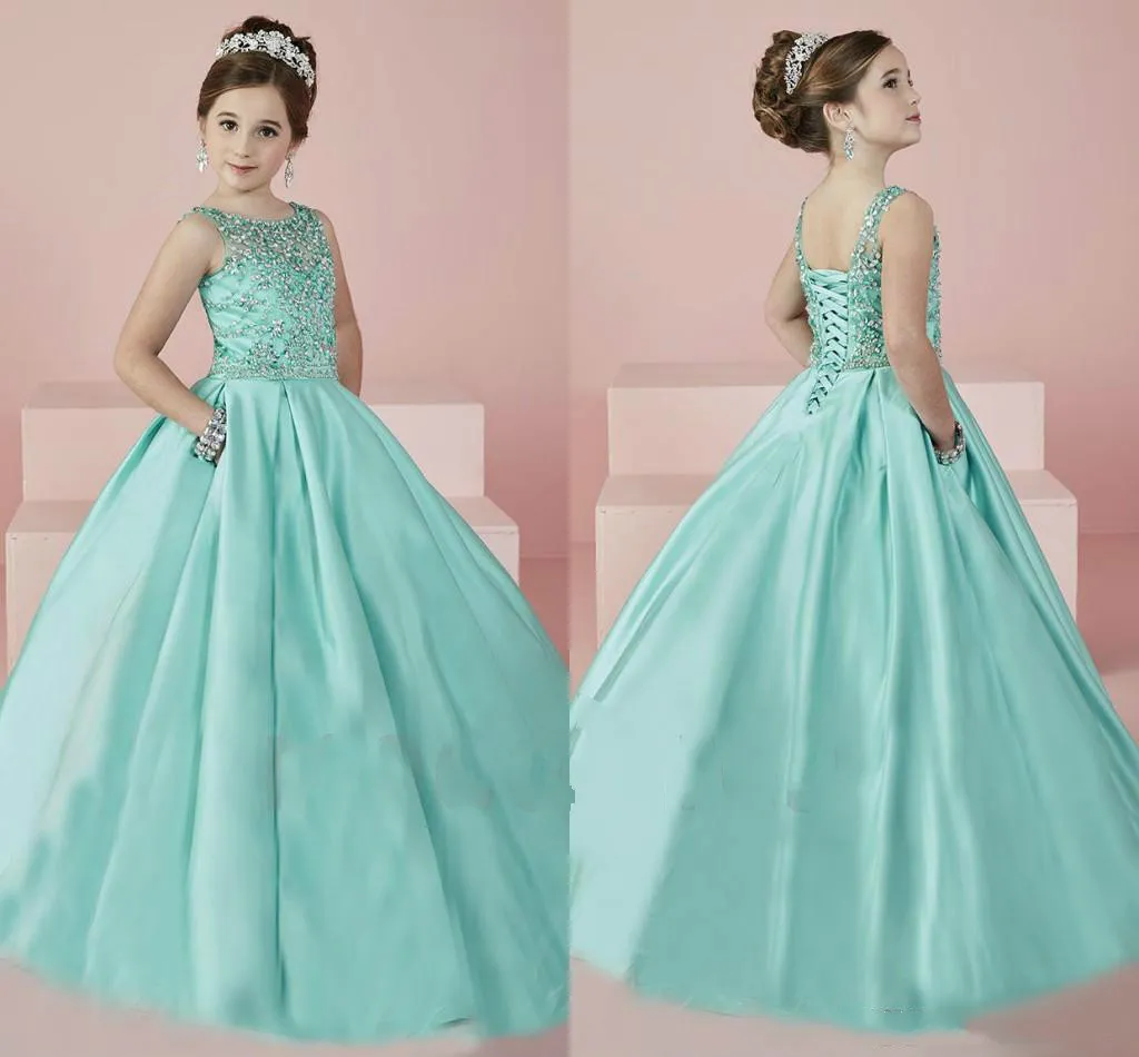 Bling Beads Girls Pageant Dresses Mint Green Sequins Tulle Crystal Flower Girl Dress Ball Gown Girls Formal Tutu Party Dress for Teens Kids