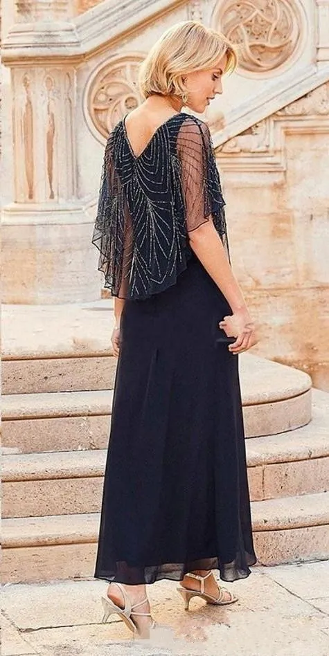 Navy Blue Chiffon Mother of the Bride Dresses 2019 New Custom V-Neck Luxury Beads A-Line Ankle Length Half Sleeve Wedding Guest Dr294H