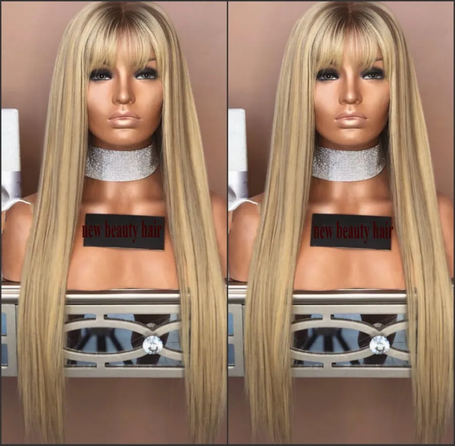 Long Glueless Natural Brasilian Full Lace Front Paryker med Bangs Brown Roots Blond OMBRE Syntetisk Hair Wig För Kvinnor Cosplay Wig