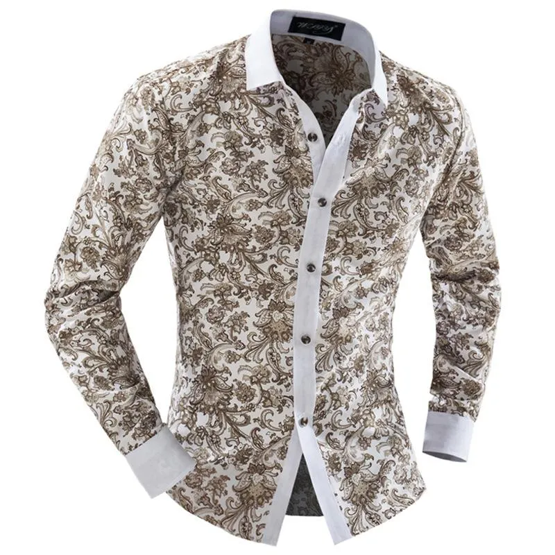 Moda-n roupas bege impressão dobby turn-down solto fino único breasted floral anti-rugas camisas vintage239e