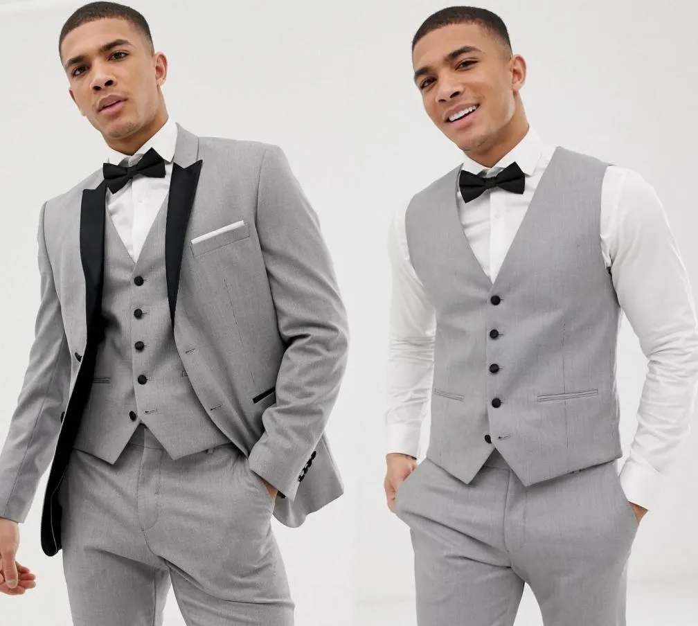 2020 Custom Made Grey Mens Suits Black Lapel Slim Fit Wedding Suits for Groom / Groomsmen Prom Casual Suits (Jacket+Pants+Vest+Bow Tie)