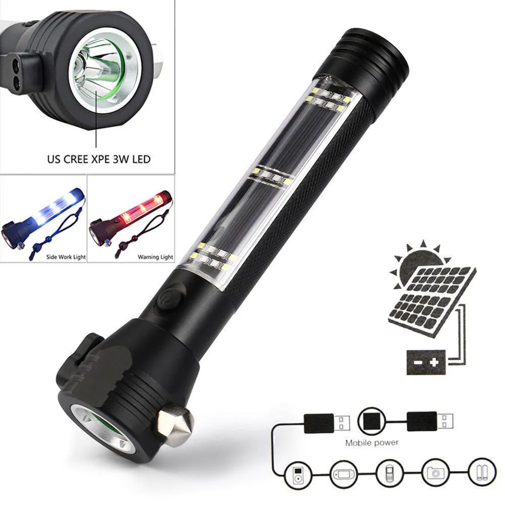 Multi-função Ferramentas disjuntor Solar lanterna LED Janela Martelo Sobrevivência de Emergência tocha de luz com Compass para Outdoor Camping Caminhadas