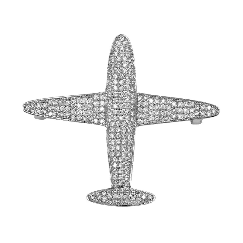 Silver Tone Crystal Airplane Brooch Personality Fashion Aircraft Badge Jacket Shirt Accessories Pin for Women Girl Wedding Costume