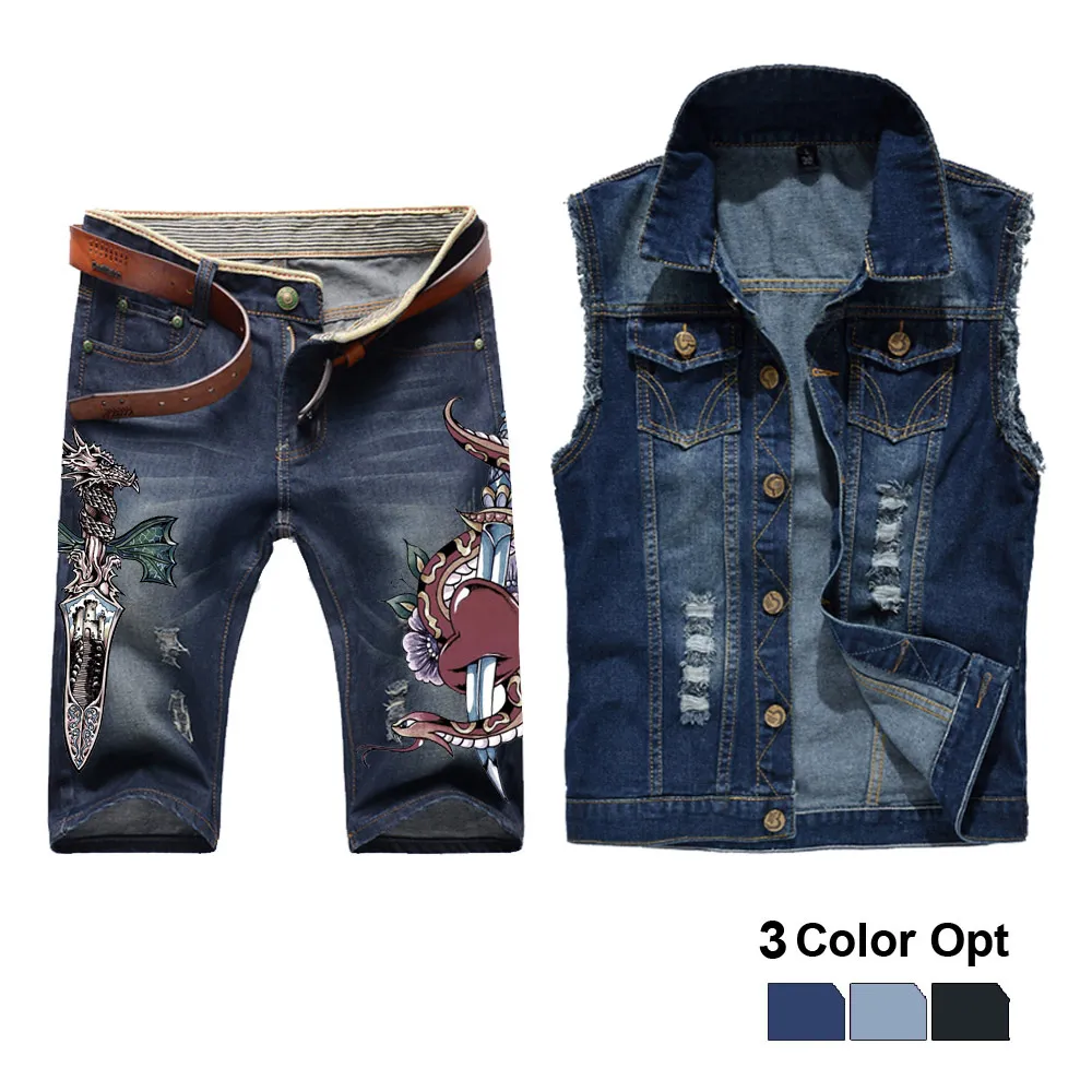 Männer Jean Weste Jacke Set Retro zerrissene zerstörte dünne Loch Top Denim kurze Hosen 1/2 Hose Sommer Strand tragen blaues Schwert