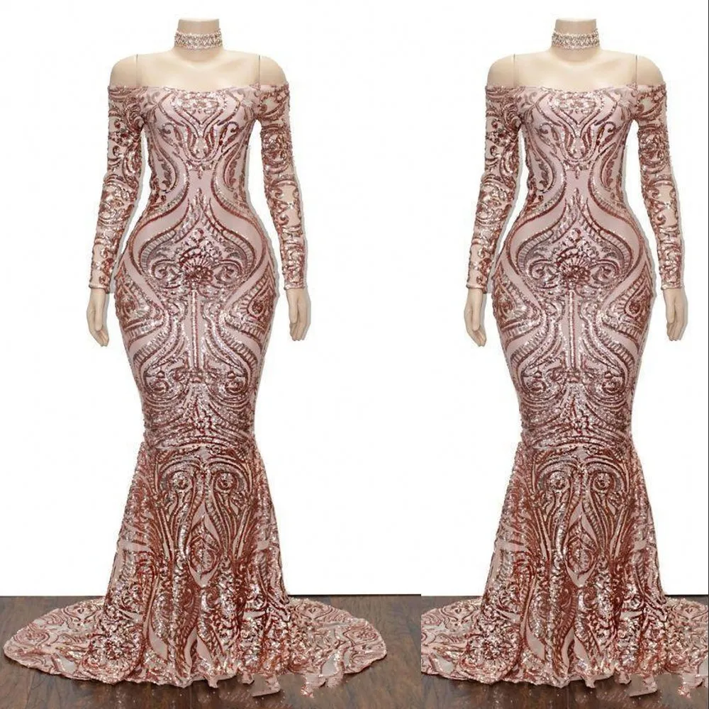 Bling New Sexy Black Girl Sequined Mermaid Prom Dresses Rose Gold Sequins Off Axla Longeple Party Dress Evening Gowns