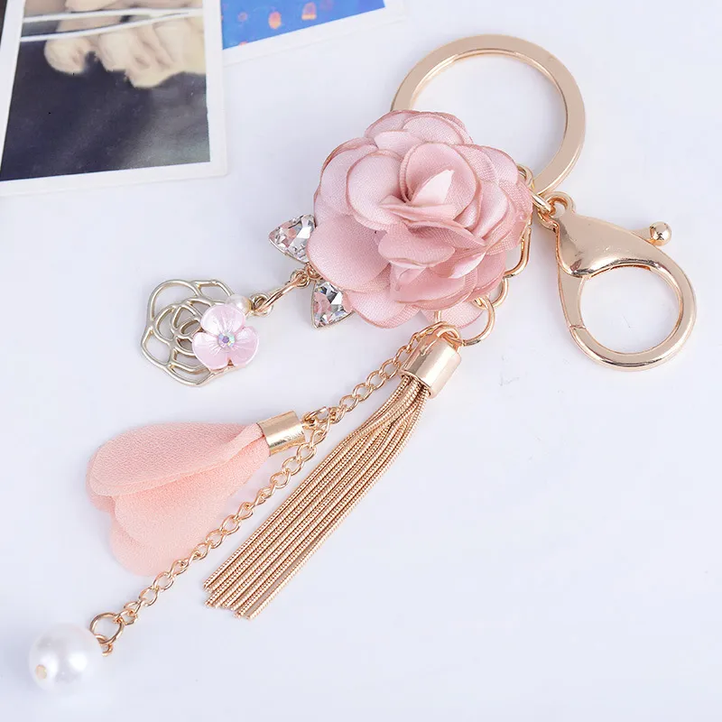 Save Big on Bulk Womens Keyrings And Keychains Stylish Women's Keyring:  Gold Metal Keychain With Tassel, Fabric Flower Rhinestone Charm Key Ring 
