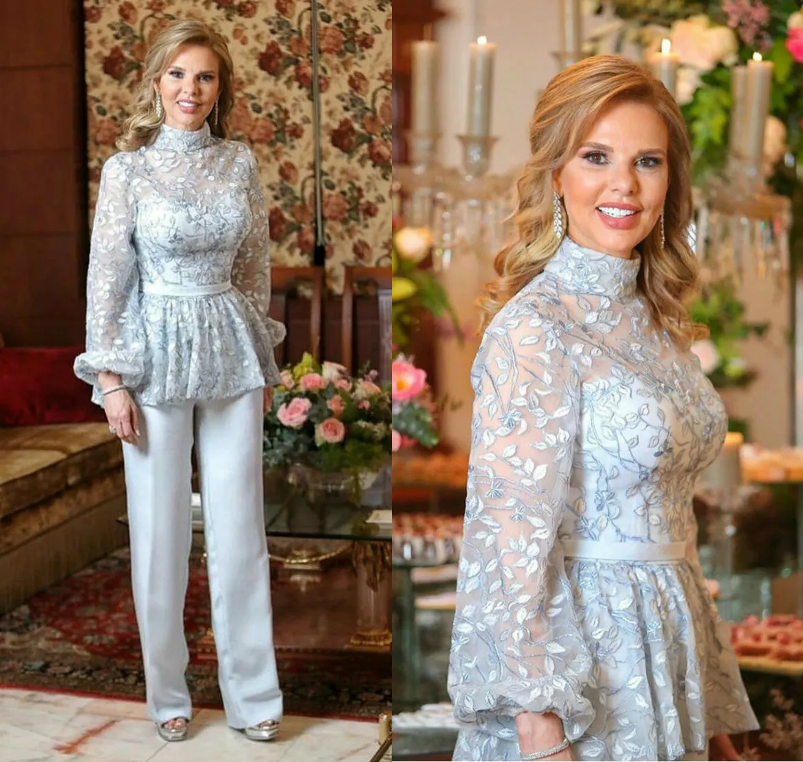 2020ズボンの2枚の母親のスーツのハイネックアップリケレース結婚式ゲストガウン長袖足首長さサテンマザードレス