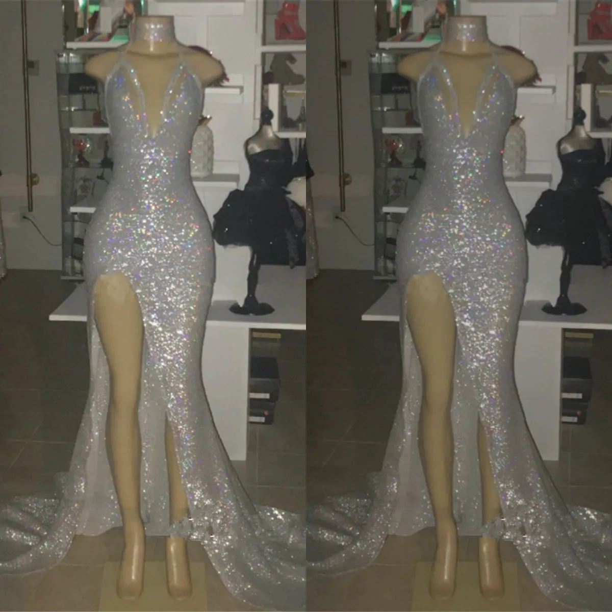 Silver Mermaid Silver Glitter Prom Dress with Spaghetti Straps, Sequined Glitters, Side Split, and Sweep Train - Plus Size Evening Gown (2019)