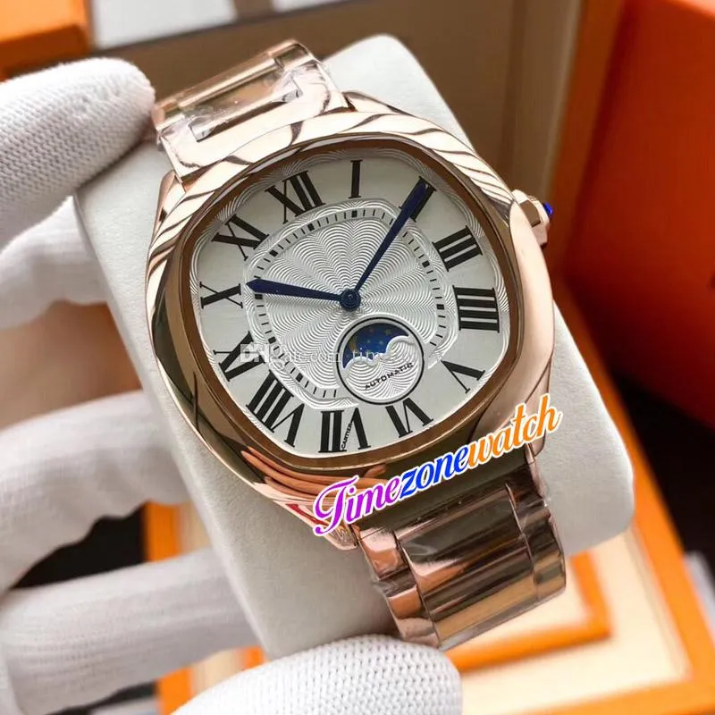 Nieuwe Drive WGNM0008 Maanfase Automatische Herenhorloge Rose Goud Witte Textuur Wijzerplaat Zwart Romeinse roestvrijstalen armband Timezonewatch E186C3