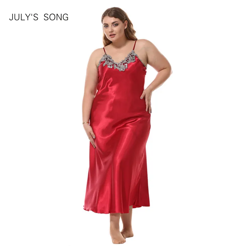 Juli sång plus storlek kvinnor sleepwear ärmlös band sexig spets nattdroppe Sleamwear Nightgown Faux Silk V-Neck Sleepwear Robemx190822