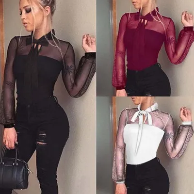 Vrouwen jumpsuit ontwerpers kleding zwarte strik kraag jumpsuits mesh transparant voor dames sexy bodysuit kleding met lange mouwen