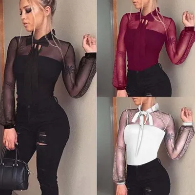 Tute da donna firmate abiti tute con colletto con fiocco nero maglia trasparente per abbigliamento da donna sexy a maniche lunghe