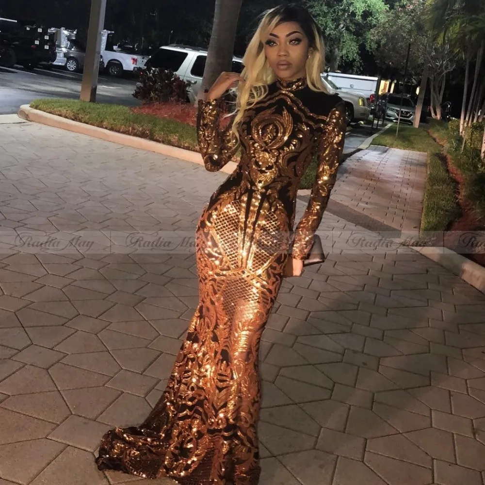 Sparkly Gold Black Mermaid Prom Dress with Long Sleeves High Neck Sequins Lace Muslim Arabic Evening Gown 2024