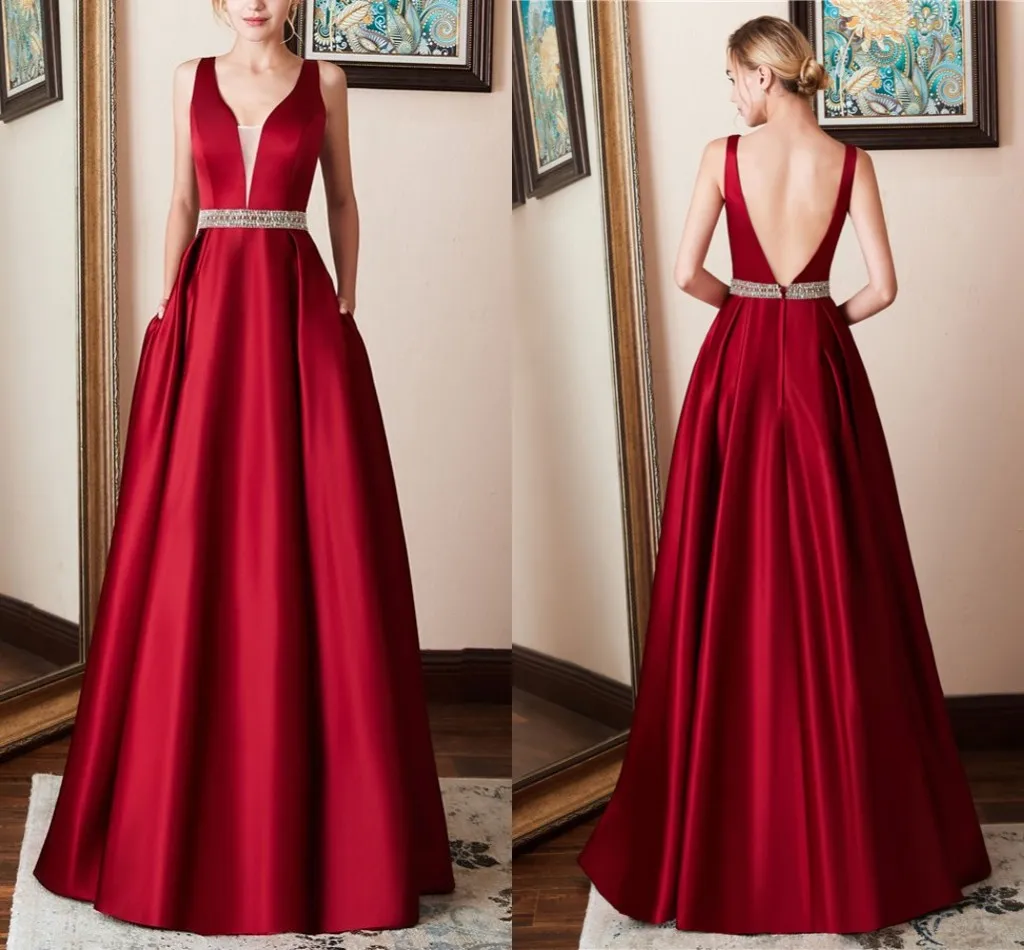 Empire Waist Dark Red Dresses Evening Wear Formal 2019 Plunging V Open Back Beaded Sashes Satin Prom Dress Evening Gowns Party Cheap Long