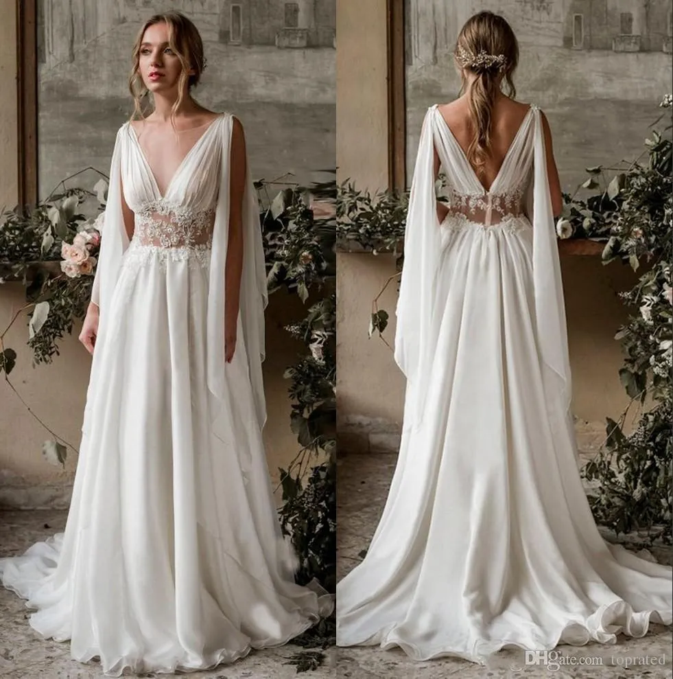 Sexy V Neck A Line Wedding Dresses Chiffon Boho Tulle Lace Applique Sweep Train Summer Beach Wedding Bridal Gowns robe de mariage