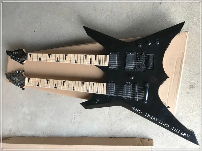 Double Neck Black Body 6 + 12 Stränger Elektrisk gitarr med fast bro, Maple Fingerboard, kan anpassas