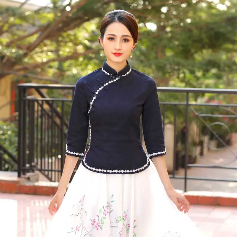 Ethnic Clothing Sheng Coco S-4XL Plus Size Traditional Chinese Cheongsam Shirts Navy Blue Woman Blouse Cotton Qipao Tops