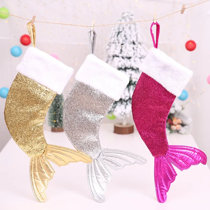 Mermaid Christmas Stockings Prezenty Posiadacze cekiny Skarpetki syreny ozdoby choinki ozdoby dekoracje skarpetki dla dzieci Prezenty pończkowe BH0122 TQQ