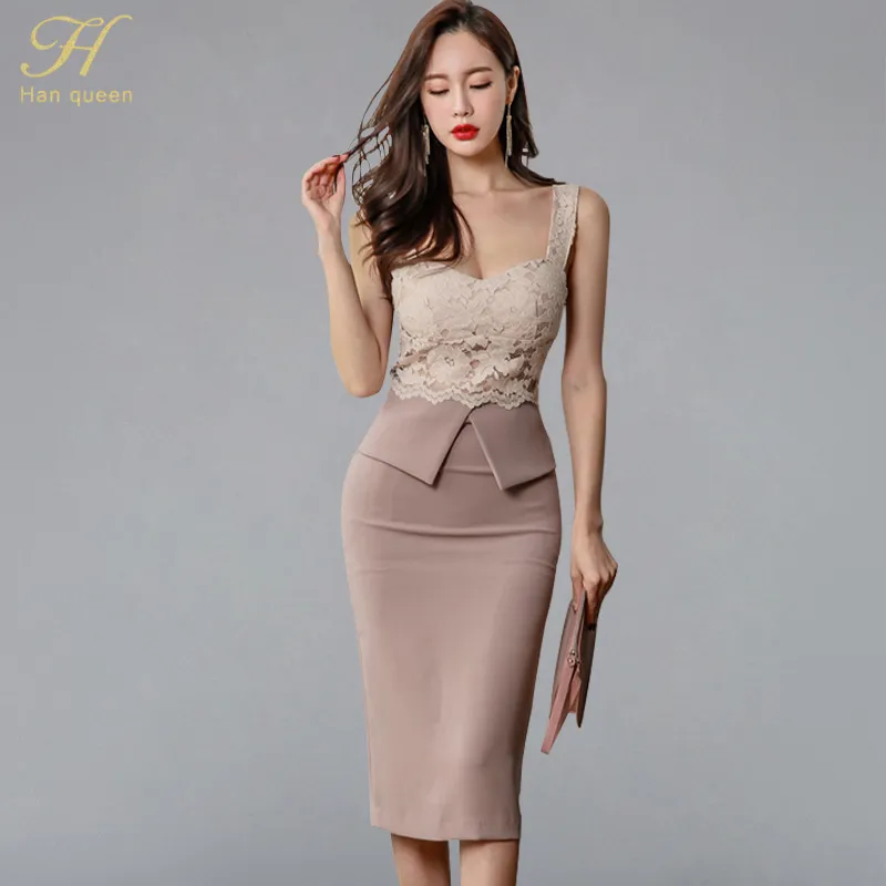 H Han Queen Halter Strapless Summer OL Lace Pencil Dress 2018 New Fashion Sexy V Collar Sleeveless Vintage Club Party Dresses Y19012102