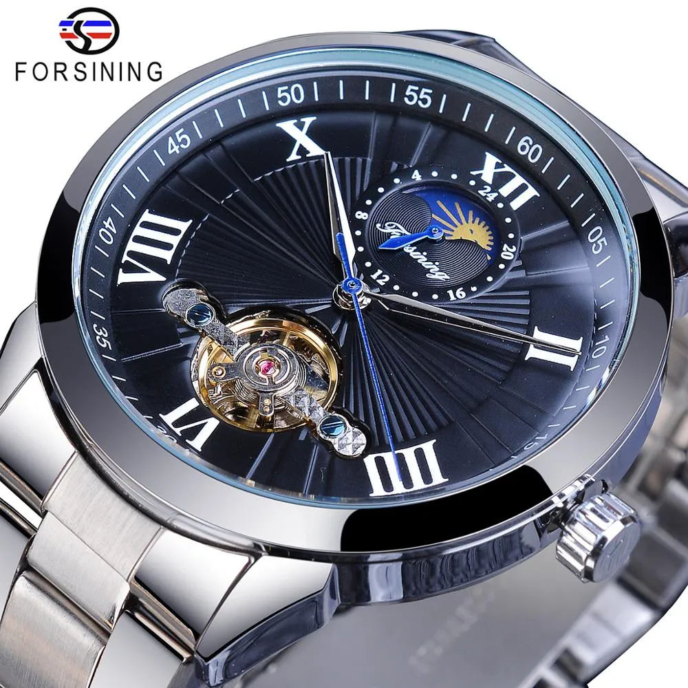 Forsining Classic Men Tourbillon Orologio meccanico Fashion Brand Black Moonphase Business Steel Band Orologio automatico Reloj Hombre