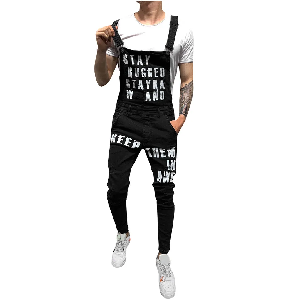 Fashion Men's Ripped Jeans Jumpsuits Hi Street Letter Printed Denim Bib Overalls For Man Suspender Pants Size S-XXL