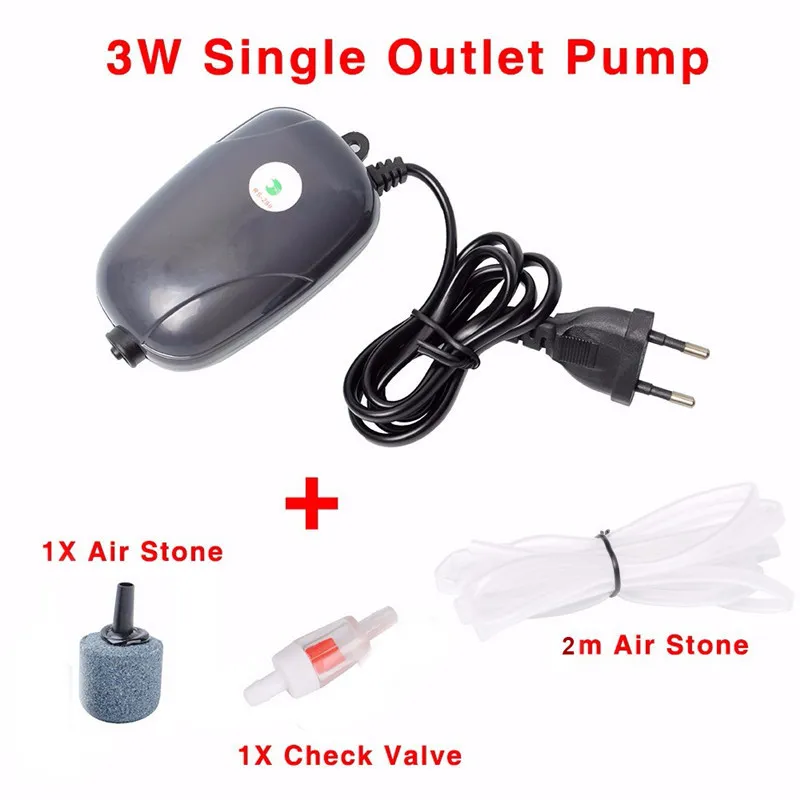 220V 3W 5W Aquarium Air Pump Fish Tank Mini Compressor Single Double Outlet Oxygen Pumps With Accessories Stone Check Valve Tube5