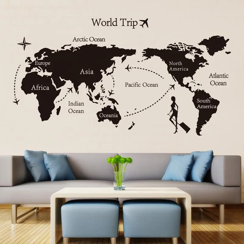 Siyah Dünya Seyahat Haritası Vinil Duvar Çıkartmaları Çocuk Odası Ev Dekor Için Ofis Sanat Çıkartmaları 3D Duvar Kağıdı Oturma Odası Yatak Odası Dekorasyon