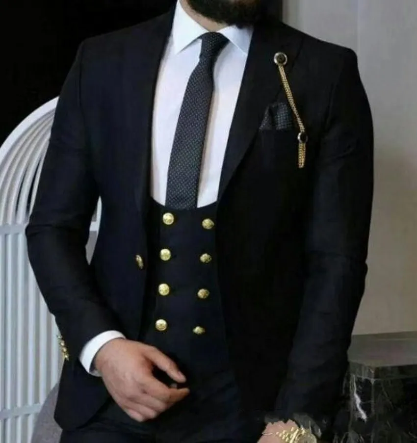 New Fashion Black Slim Fit Groom Tuxedos Peak Lapel Groomsmen Mens Wedding Dress Excellent Man 3 Piece Suit(Jacket+Pants+Vest+Tie) 605