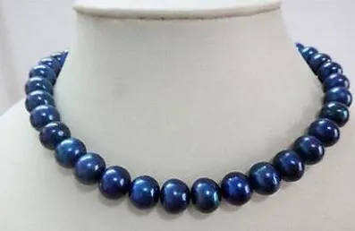 Envío Gratis >>>> noble joyería impresionante de 10-11mm Negro Azul collar de perlas 14 k